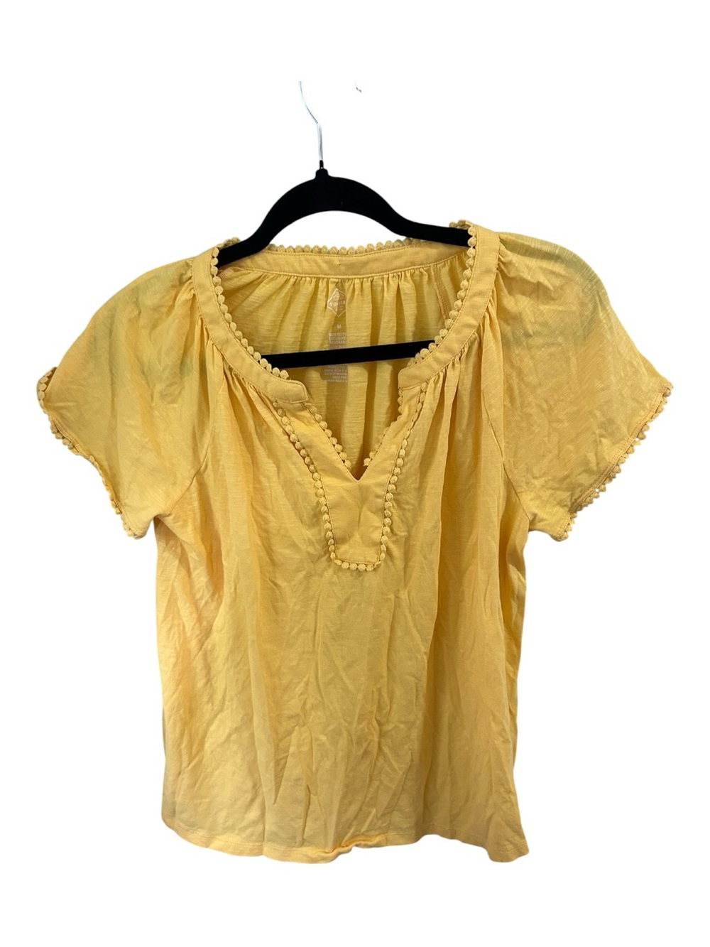 St. John's Bay Yellow Short-Sleeve Pom-Pom Trim Peasant Top